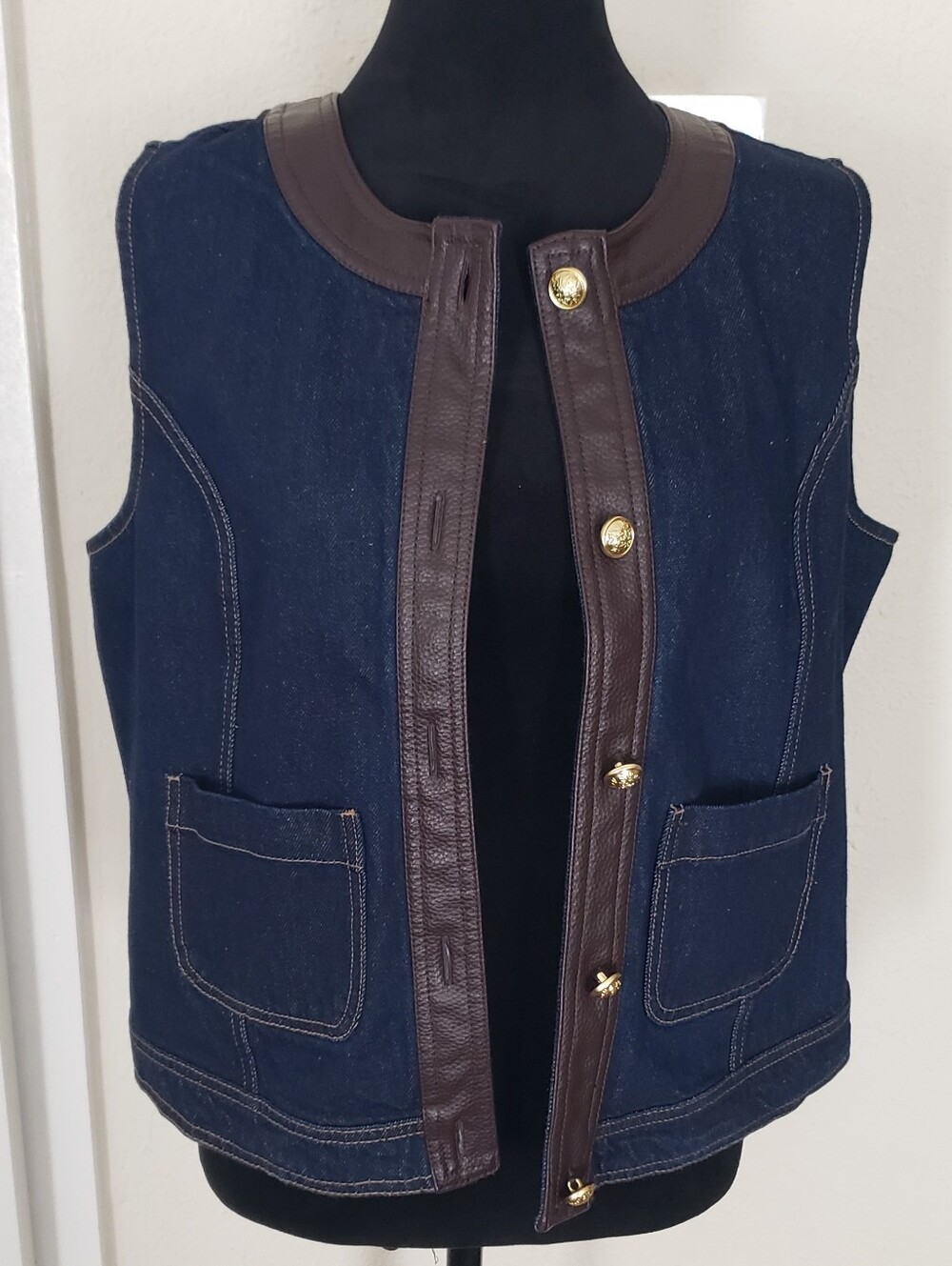 Velvet Heart Navy Denim Vest with Brown Leather Like Trim